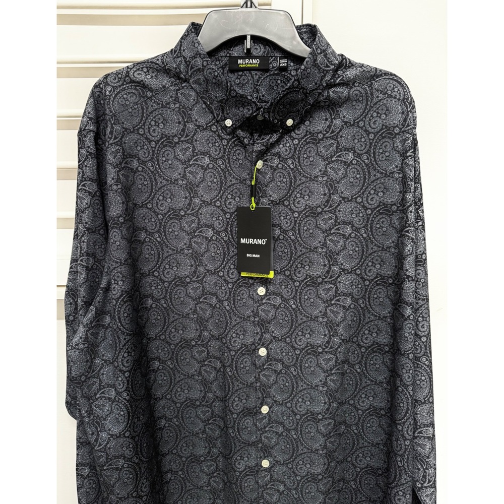 NEW Murano Performance Big Man Shirt 2XB Grey Black Paisley LS Button Down NWT
